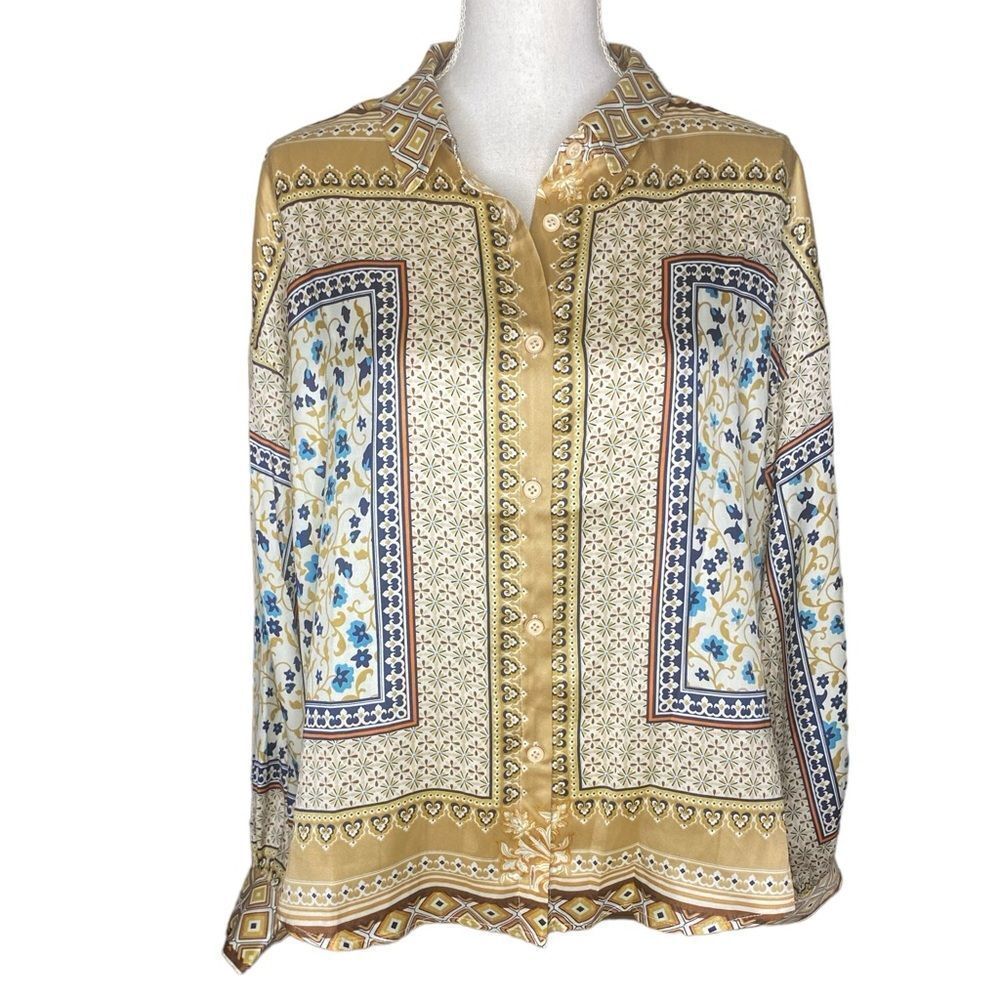 Fate Wm’s Sz Med Border Scarf Print Drop Shoulder Flowy Button Down Blouse
